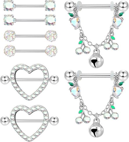 FIASASO 8 قطعة حلقات للحلمات من الفولاذ الجراحية للنساء 14G الفولاذ المقاوم للصدأ تشيكوسلوفاكيا القلب استرخى حلقات للحلمات من الفولاذ مجموعة لطيف الحلمة ثقب المجوهرات in Kuwait