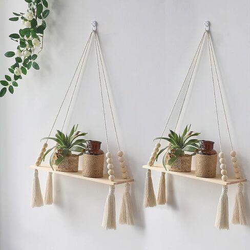 Artilady 2 حزمة من الأرفف الخشبية المعلقة على الحائط - رف نبات معلق من Macrame مع شرابة، أرفف عائمة للتخزين من Boho مصنوعة يدويًا من شماعات ريفي حامل وعاء حامل in Kuwait