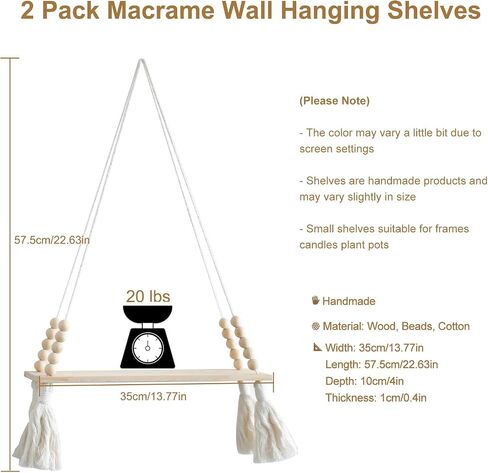 Artilady 2 حزمة من الأرفف الخشبية المعلقة على الحائط - رف نبات معلق من Macrame مع شرابة، أرفف عائمة للتخزين من Boho مصنوعة يدويًا من شماعات ريفي حامل وعاء حامل in Kuwait