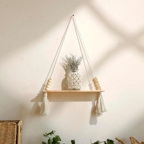 Artilady 2 حزمة من الأرفف الخشبية المعلقة على الحائط - رف نبات معلق من Macrame مع شرابة، أرفف عائمة للتخزين من Boho مصنوعة يدويًا من شماعات ريفي حامل وعاء حامل in Kuwait