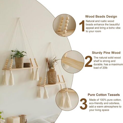 Artilady 2 حزمة من الأرفف الخشبية المعلقة على الحائط - رف نبات معلق من Macrame مع شرابة، أرفف عائمة للتخزين من Boho مصنوعة يدويًا من شماعات ريفي حامل وعاء حامل in Kuwait