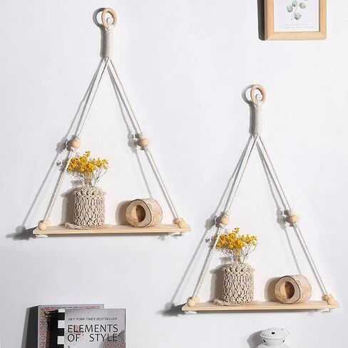 Artilady 2 حزمة من الأرفف الخشبية المعلقة على الحائط - رف نبات معلق من Macrame مع شرابة، أرفف عائمة للتخزين من Boho مصنوعة يدويًا من شماعات ريفي حامل وعاء حامل in Kuwait