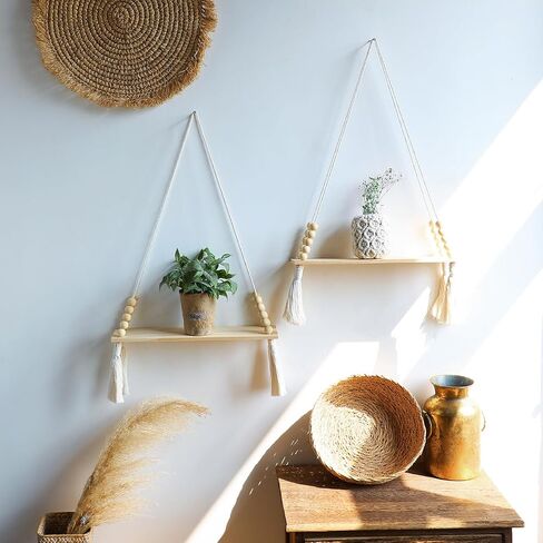 Artilady 2 حزمة من الأرفف الخشبية المعلقة على الحائط - رف نبات معلق من Macrame مع شرابة، أرفف عائمة للتخزين من Boho مصنوعة يدويًا من شماعات ريفي حامل وعاء حامل in Kuwait
