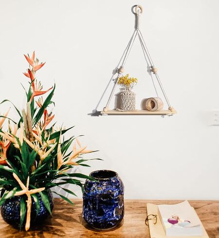Artilady 2 حزمة من الأرفف الخشبية المعلقة على الحائط - رف نبات معلق من Macrame مع شرابة، أرفف عائمة للتخزين من Boho مصنوعة يدويًا من شماعات ريفي حامل وعاء حامل in Kuwait
