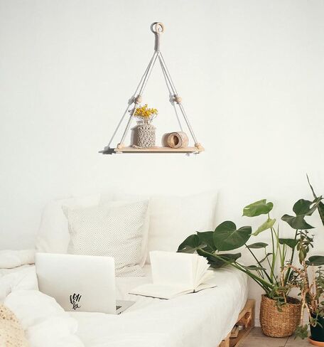 Artilady 2 حزمة من الأرفف الخشبية المعلقة على الحائط - رف نبات معلق من Macrame مع شرابة، أرفف عائمة للتخزين من Boho مصنوعة يدويًا من شماعات ريفي حامل وعاء حامل in Kuwait