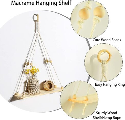 Artilady 2 حزمة من الأرفف الخشبية المعلقة على الحائط - رف نبات معلق من Macrame مع شرابة، أرفف عائمة للتخزين من Boho مصنوعة يدويًا من شماعات ريفي حامل وعاء حامل in Kuwait