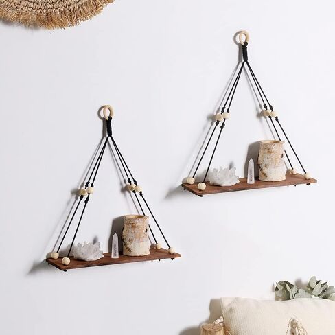Artilady 2 حزمة من الأرفف الخشبية المعلقة على الحائط - رف نبات معلق من Macrame مع شرابة، أرفف عائمة للتخزين من Boho مصنوعة يدويًا من شماعات ريفي حامل وعاء حامل in Kuwait