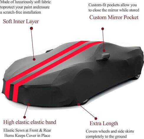 غطاء سيارة داخلي كورفيت 2020-2024 من القماش الفاخر مناسب للتنفس ومقاوم للغبار غطاء سيارة قابل للتمدد للمرآب تحت الأرض، عرض السيارة (أسود + أحمر) in Kuwait