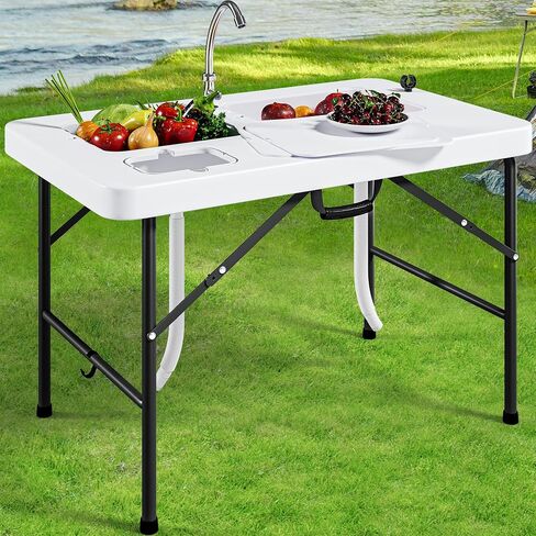 YITAHOME 42" Fish Cleaning Table with Deep Sinks, Portable Fish Cleaning Table w/Multiple Upgraded Accessories, Folding Fish Cleaning Table for Outdoor Picnic Fishing, White in Saudi Arabia