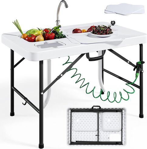 YITAHOME 42" Fish Cleaning Table with Deep Sinks, Portable Fish Cleaning Table w/Multiple Upgraded Accessories, Folding Fish Cleaning Table for Outdoor Picnic Fishing, White in Saudi Arabia