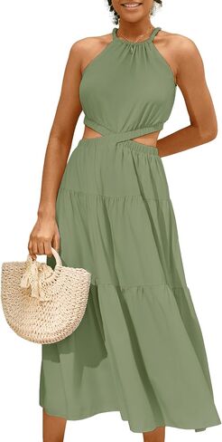 MIHOLL Women's 2024 Summer Maxi Dresses Casual Sleeveless Halter Neck Cut Out Tiered Beach Vacation A-Line Flowy Sun Dress in Saudi Arabia