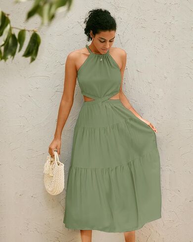 MIHOLL Women's 2024 Summer Maxi Dresses Casual Sleeveless Halter Neck Cut Out Tiered Beach Vacation A-Line Flowy Sun Dress in Saudi Arabia