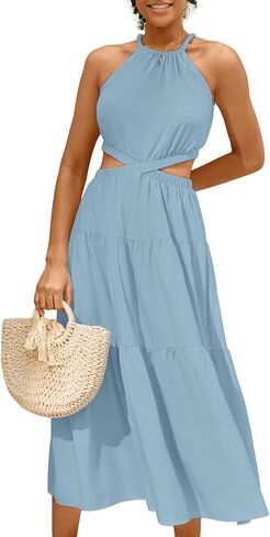 MIHOLL Women's 2024 Summer Maxi Dresses Casual Sleeveless Halter Neck Cut Out Tiered Beach Vacation A-Line Flowy Sun Dress in Saudi Arabia