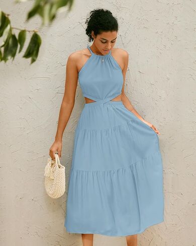 MIHOLL Women's 2024 Summer Maxi Dresses Casual Sleeveless Halter Neck Cut Out Tiered Beach Vacation A-Line Flowy Sun Dress in Saudi Arabia