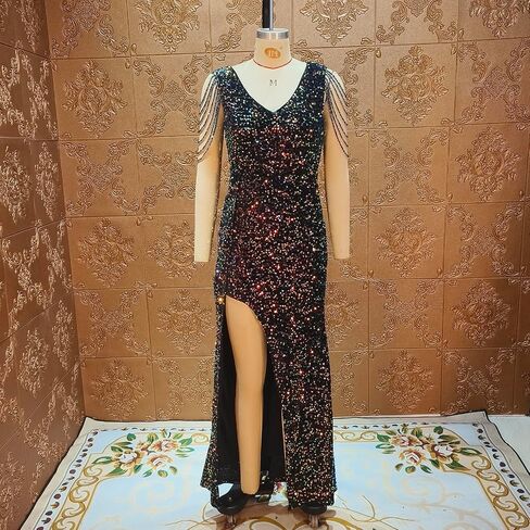 Cololura Women Sexy Elegant Sequin V Neck Tassel Mermaid Bodycon Formal Party Gowns Evening Maxi Dress in Saudi Arabia
