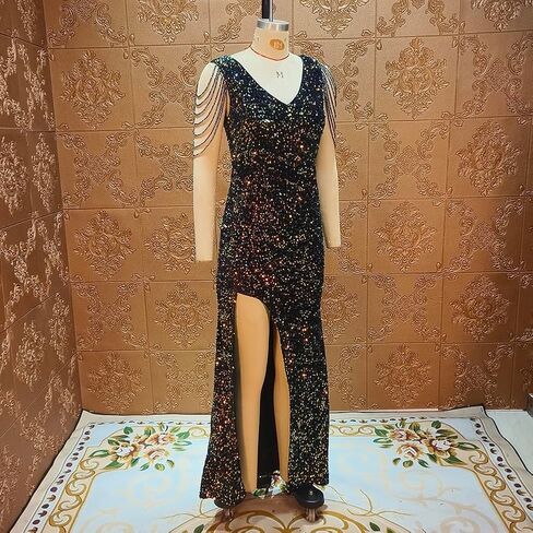 Cololura Women Sexy Elegant Sequin V Neck Tassel Mermaid Bodycon Formal Party Gowns Evening Maxi Dress in Saudi Arabia