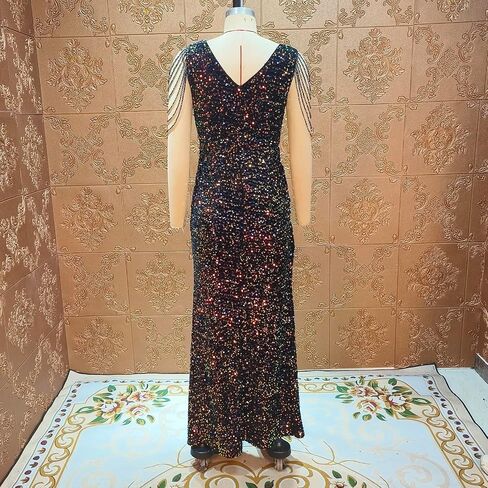 Cololura Women Sexy Elegant Sequin V Neck Tassel Mermaid Bodycon Formal Party Gowns Evening Maxi Dress in Saudi Arabia