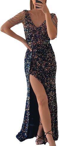 Cololura Women Sexy Elegant Sequin V Neck Tassel Mermaid Bodycon Formal Party Gowns Evening Maxi Dress in Saudi Arabia