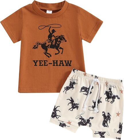 Baby Boy Western Clothes Cowboy Short Sleeve T-Shirt Tops Cow Print Shorts Set Toddler Western Summer Outfits in Saudi Arabia