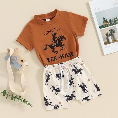 Baby Boy Western Clothes Cowboy Short Sleeve T-Shirt Tops Cow Print Shorts Set Toddler Western Summer Outfits in Saudi Arabia