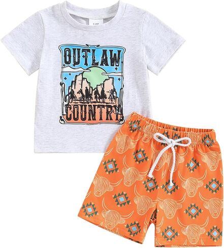Baby Boy Western Clothes Cowboy Short Sleeve T-Shirt Tops Cow Print Shorts Set Toddler Western Summer Outfits in Saudi Arabia