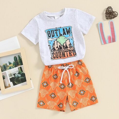 Baby Boy Western Clothes Cowboy Short Sleeve T-Shirt Tops Cow Print Shorts Set Toddler Western Summer Outfits in Saudi Arabia