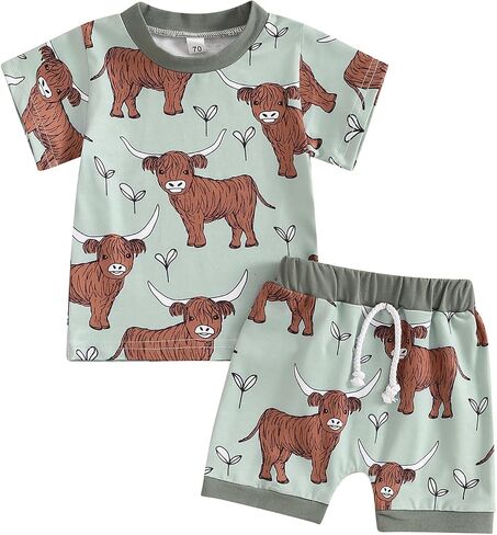 Baby Boy Western Clothes Cowboy Short Sleeve T-Shirt Tops Cow Print Shorts Set Toddler Western Summer Outfits in Saudi Arabia
