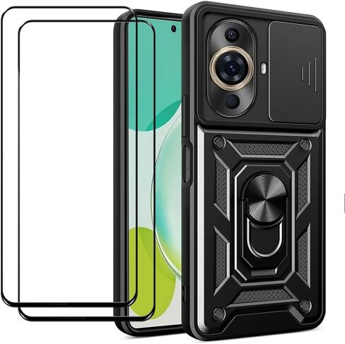 حافظة CNPUTAO لهاتف هواوي نوفا 11 / نوفا 12S مع واقي شاشة من الزجاج المقوى [عبوة من قطعتين]، نافذة كاميرا منزلقة، مسند، غطاء هاتف مزدوج الطبقات مقاوم للصدمات ومضاد للخدش، أسود in Kuwait