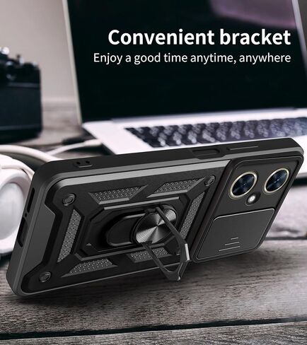 حافظة CNPUTAO لهاتف هواوي نوفا 11 / نوفا 12S مع واقي شاشة من الزجاج المقوى [عبوة من قطعتين]، نافذة كاميرا منزلقة، مسند، غطاء هاتف مزدوج الطبقات مقاوم للصدمات ومضاد للخدش، أسود in Kuwait