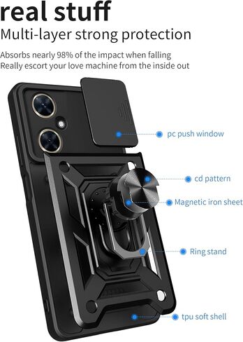 حافظة CNPUTAO لهاتف هواوي نوفا 11 / نوفا 12S مع واقي شاشة من الزجاج المقوى [عبوة من قطعتين]، نافذة كاميرا منزلقة، مسند، غطاء هاتف مزدوج الطبقات مقاوم للصدمات ومضاد للخدش، أسود in Kuwait