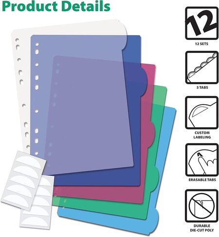 Better Office Products 5 Tab Plastic Binder Index Dividers, Large Rounded Index Tabs, 12 Pack, Multicolored Poly Dividers for 3 Ring Binder, with White Labels, 12 Sets in Saudi Arabia