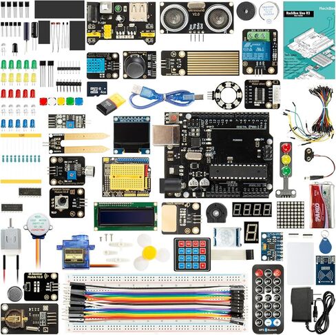 مجموعة RockBee UNO R3 المتوسطة والبرنامج التعليمي (73 عنصرًا)، مع بطاقة الذاكرة، تستخدم الرقائق الأصلية المتوافقة مع Arduino IDE in Kuwait