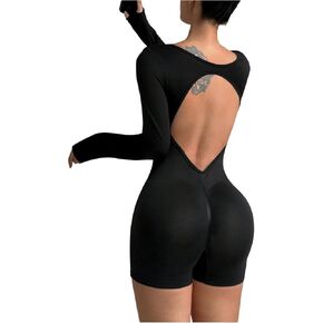 WDIRARA Women's Cut Out Back Square Neck Athletic Romper Long Sleeve Tummy Control Unitard Shorts Jumpsuit in Kuwait