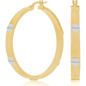 Italian 14k Yellow & White Gold Love Screw Design Small Hollow Hoop Earrings 1" in Kuwait