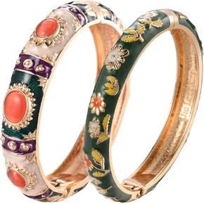 UJOY Vintage Cloisonne Jewelry Bracelet Plated Handmade Bead Rhinestones Enamel Spring Cuff Bangles 2 Pcs Set for Womens Gift 7735 in Saudi Arabia