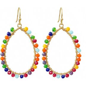 Bohemian Teardrop Dangle Earrings in Multiple Colors, Golden Wire Wrapped Hollow Sparkly Crystal Beaded Statement Earrings for Women, Summer Beach Wedding Party Jewelry in Saudi Arabia