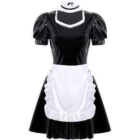 Women Black Shiny Maid Cosplay Dress French Maid Outfit with Apron Choker for Halloween in Saudi Arabia