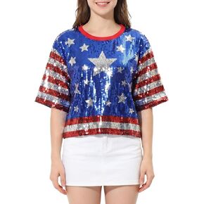 American Flag Star Striped Tops for Women Sparkly Sequin Short Sleeve Shirts for 250th Anniversary Patriotic Casual Costume Party One Size in Saudi Arabia