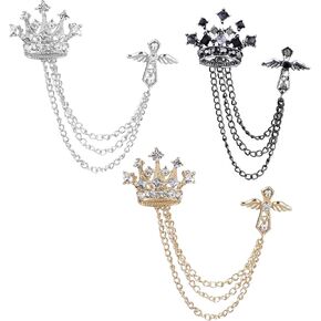 Brooch for Men Suit, Suit Chain Decor 3PCS Crown Lapel Pin, Alloy Crystal Brooch in Black Gold Silver, Fashion Formal Accessory for Tuxedo Wedding Party Men Gift in Saudi Arabia