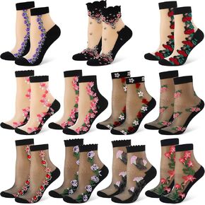 11 Pairs Womens Floral Sheer Socks, Flowered Lace Socks for Women, Summer Vintage Mesh Glass Socks, Breathable Nylon Transparent Sheer Socks in Saudi Arabia
