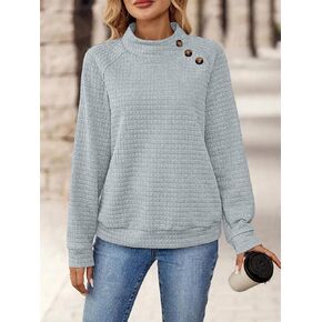 Women's Waffle Knit Sweatshirt Mock Neck Button Detail Long Sleeve Casual Pullover Top for Fall & Winter in Kuwait