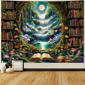Amonercvita Bookshelf Tapestry Fantasy Waterfall Tapestries Magical Library Tapestries Aesthetic Plants Bookcase Tapestry Wall Hanging for Home Decor in Saudi Arabia