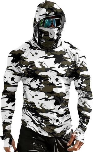Mens Fishing Shirts with Face Mask Long Sleeve UPF 50+ UV Sun Hoodie Camo Hiking Running Swim Athletic Rash Guard in Saudi Arabia