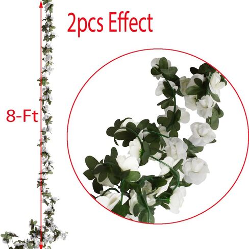 2 Pack Artificial Rose Vine Fake Flower Garland Fake Rose Hanging Vine Artificial Flowers for for Wedding Party Background Arch Garden Background Decoration Total 16.4 Ft (2, White) in Saudi Arabia
