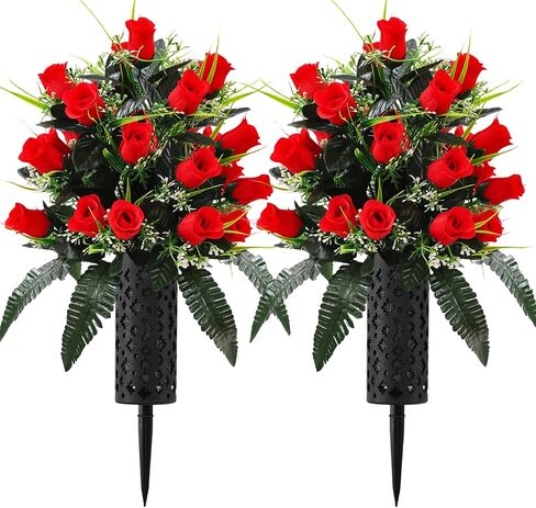 2 Sets Artificial Cemetery Flowers for Grave, Outdoor Grave Decorations Bouquet with Cemetery Vase, Memorial Flowers for Gravesite, Weather Resistant Grave Flower for Cemetery Decor(White + Dark Blue) in Kuwait