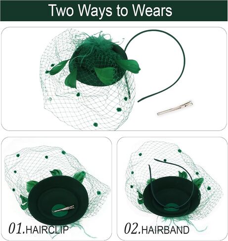 قبعات AMCAMI Fascinators Pillbox للنساء، قبعات حفلات الشاي ديربي مع ريش وحجاب، مشبك وعصابة رأس in Kuwait