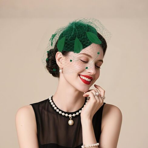 قبعات AMCAMI Fascinators Pillbox للنساء، قبعات حفلات الشاي ديربي مع ريش وحجاب، مشبك وعصابة رأس in Kuwait