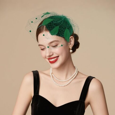 قبعات AMCAMI Fascinators Pillbox للنساء، قبعات حفلات الشاي ديربي مع ريش وحجاب، مشبك وعصابة رأس in Kuwait