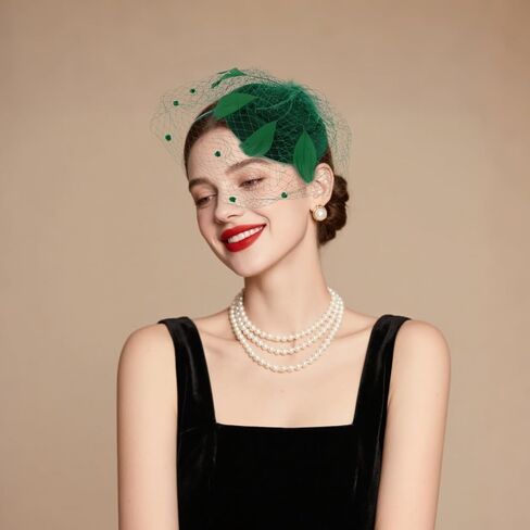 قبعات AMCAMI Fascinators Pillbox للنساء، قبعات حفلات الشاي ديربي مع ريش وحجاب، مشبك وعصابة رأس in Kuwait