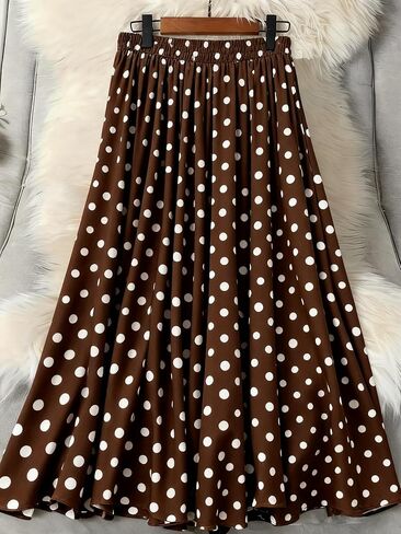 Women's Polka Dot Print Skirt, Brown with White Dots Elastic Waist A Line Midi Skirt in Kuwait